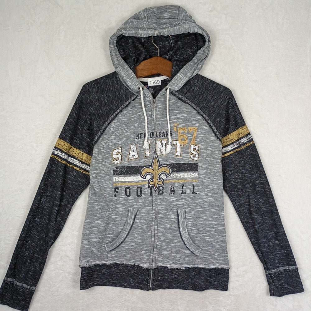 Majestic New Orleans Saints Hoodie Womens Medium Gray Zip Up Fan Gear Football